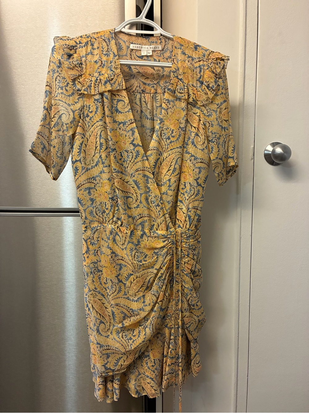 Veronica Beard Yellow Paisley Ruched Wrap Midi Dress